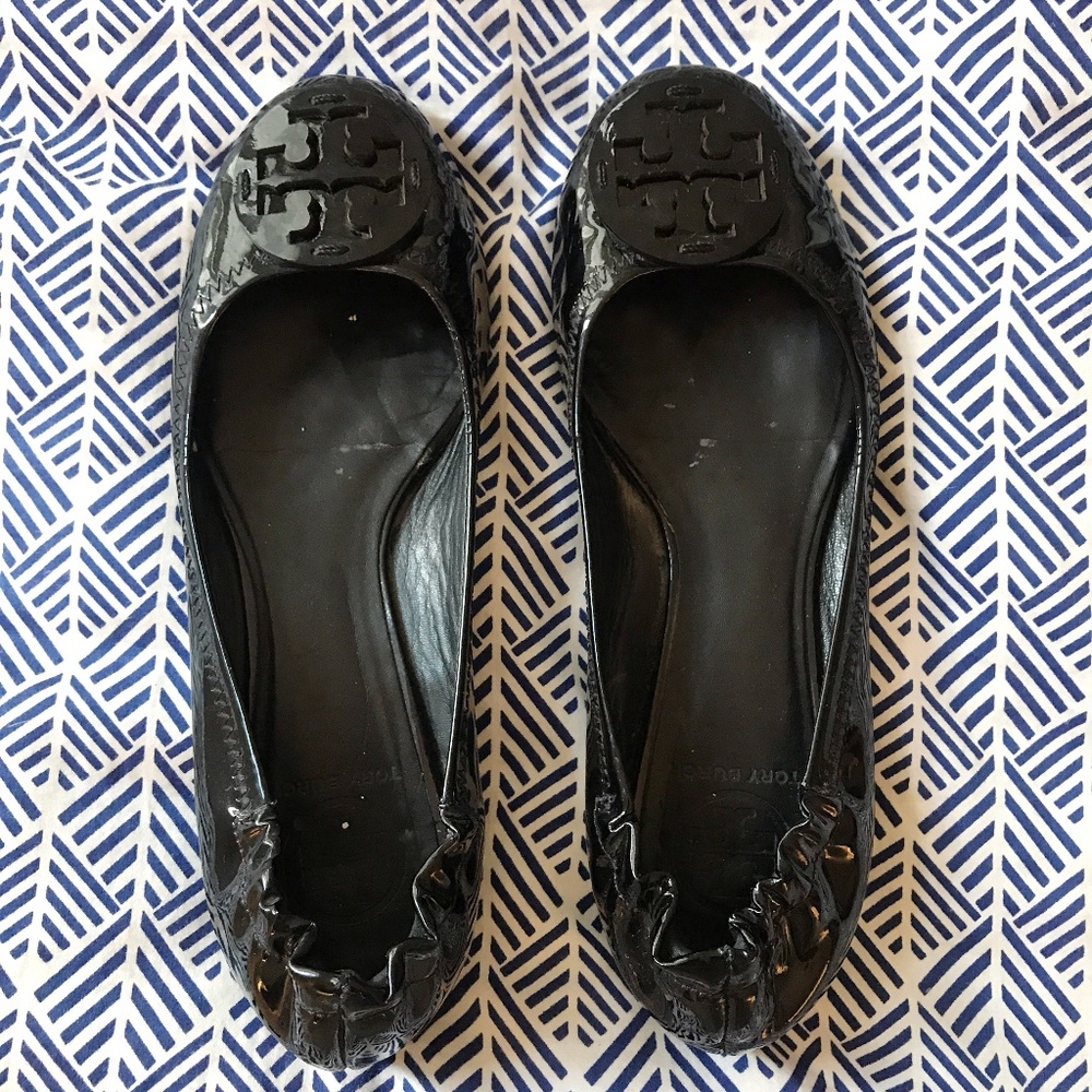 Tory Burch Black Reva Patent Leather Flats Size 7